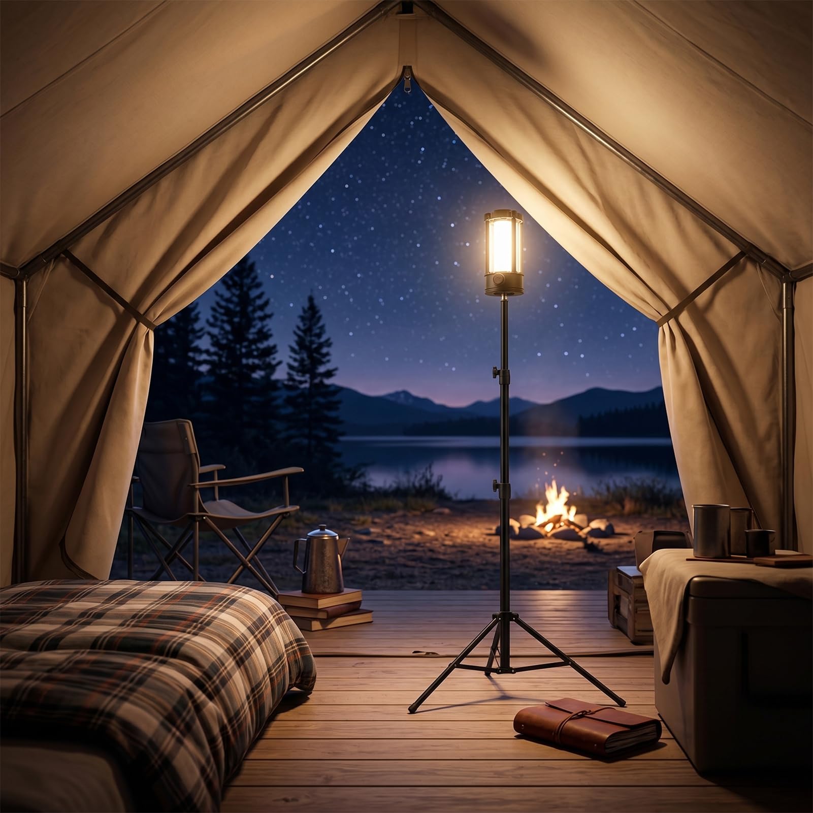 Luocute Luce da Campeggio Ricaricabile con Supporto, 4 Pannelli LED Regolabili 4100LM 6000K Lanterna Portatile Dimmerabile, con Base Magnetica Treppiede per Tenda da Campeggio di Emergenza