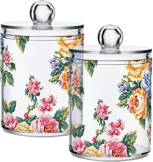 ALAZA Pink Yellow Blue Flowers Floral Bathroom Canister Set of 4 Qtip Holder Clear Plastic Jars Holder Dispense Bathroom Organizer Storage Jars with Lids Home Decor