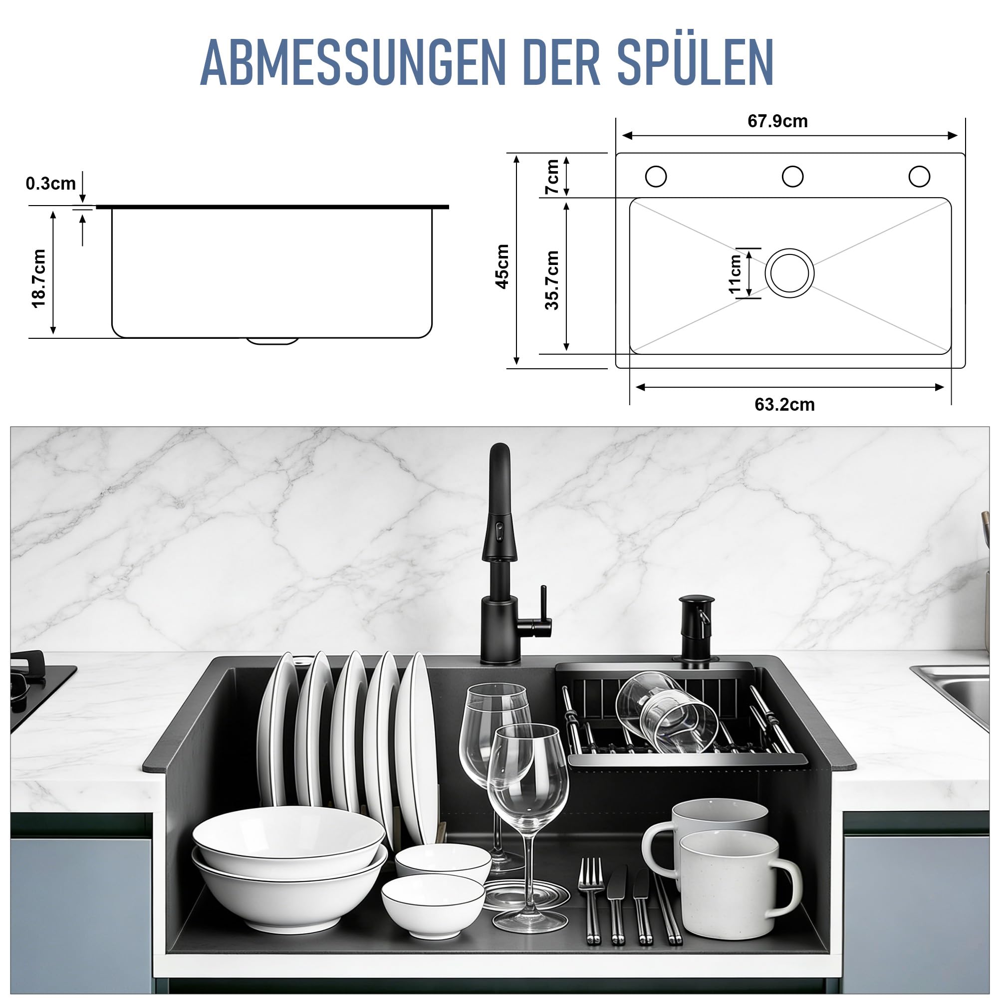 Évier Cuisine Noir en Acier Inoxydable 68x45cm –1 Bac avec Robinet | Avec Égouttoir et Distributeur de Savon – Finition PVD Résistante aux Rayures – Kit Complet avec Siphon et Trop-plein