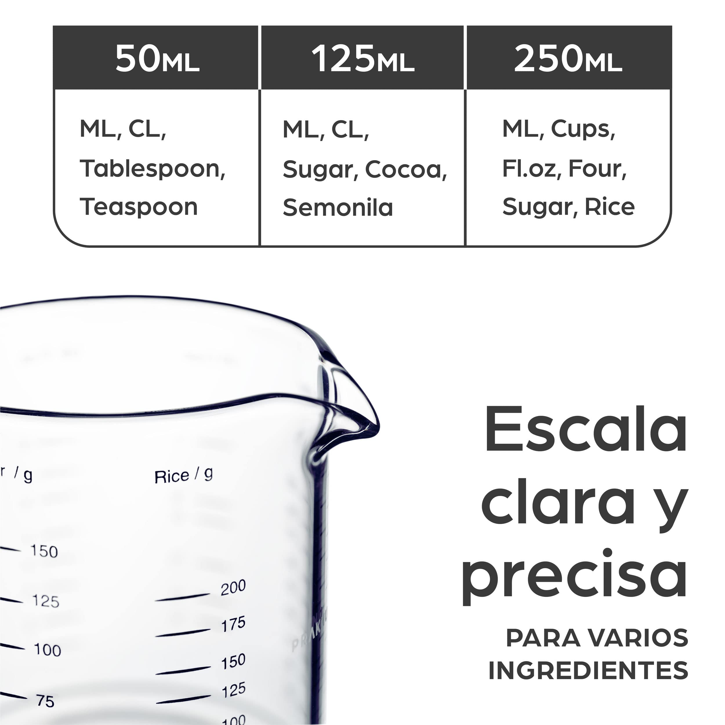 Jarra Medidora de Cristal - 50ml, 125ml, 250ml - Escala Precisa - Apilable - Resistente al Calor y al Microondas