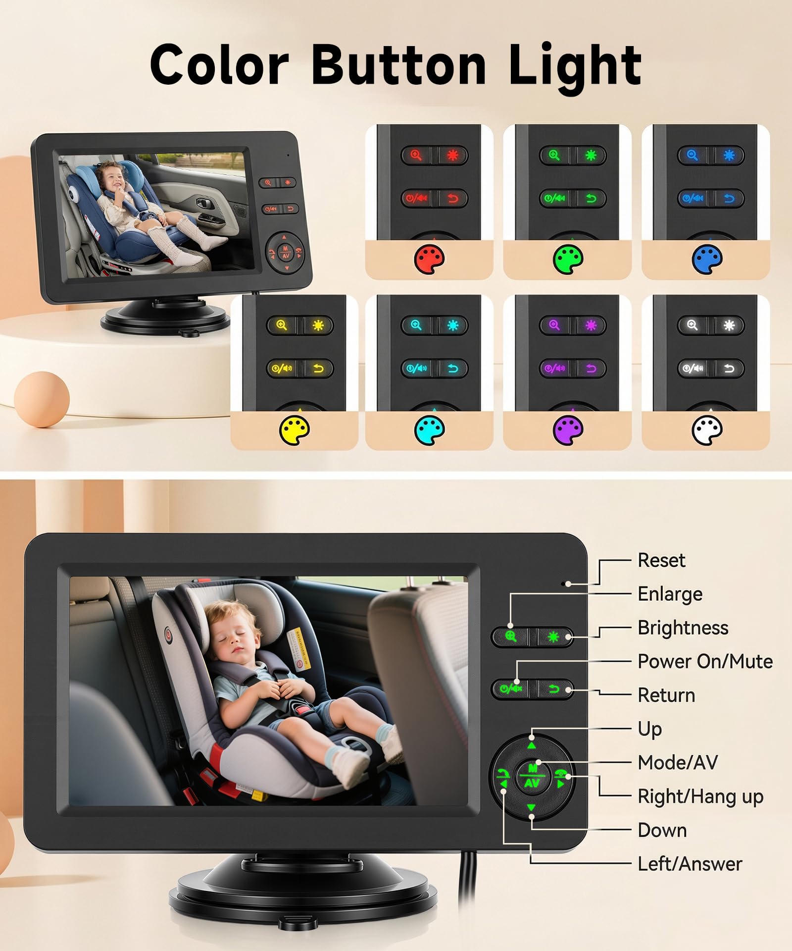 Rimoody Telecamera per Auto per Bambini per Sedile Posteriore, 4.3 Pollici Schermi, Specchio Retrovisore per Seggiolino Auto con Visione Notturna IR, Vivavoce Bluetooth & Musica, Luci a Sette Colori