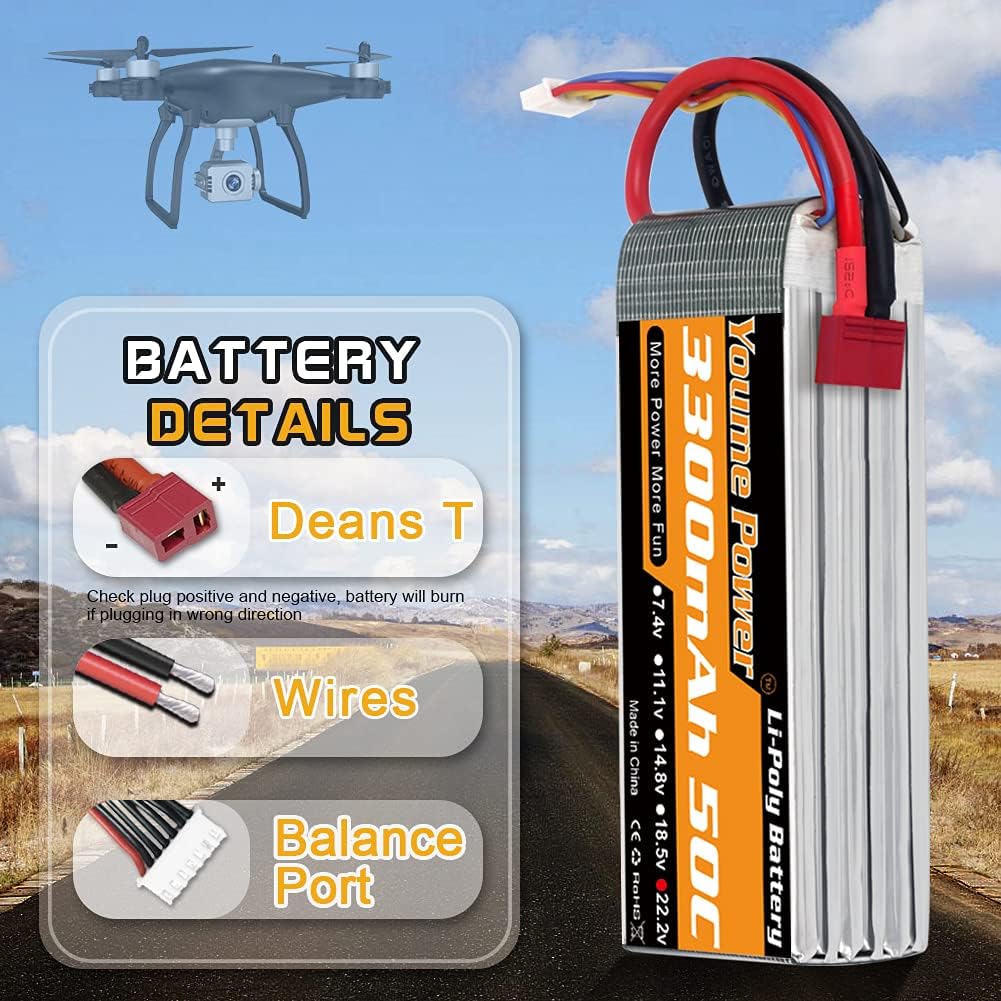 Youme Power Lipo 4S Battery, 14.8v 3300mAh Lipo Battery Pack 50C with T