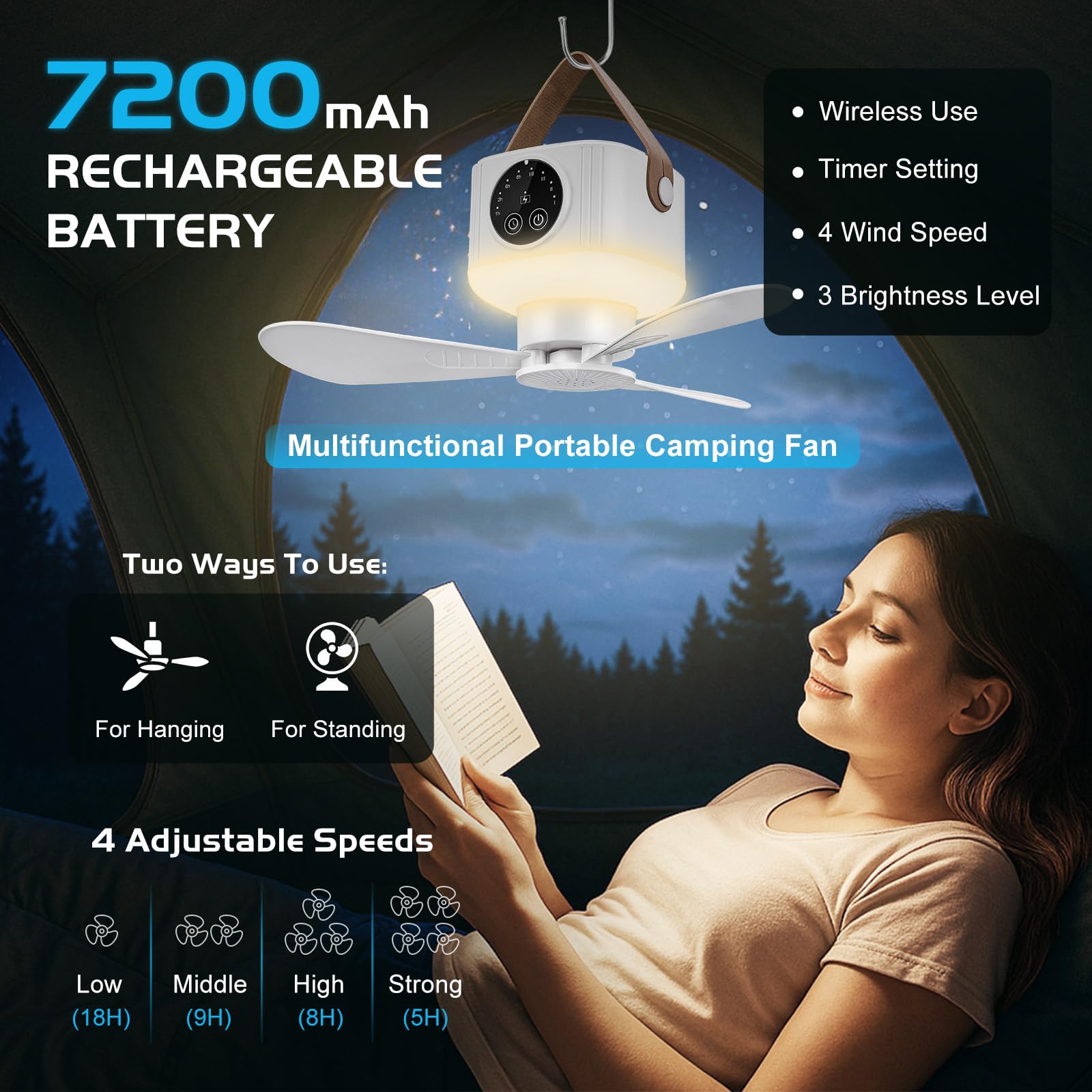 LED Campinglampe mit Ventilator, 7200 mAh Zelt Ventilator mit Licht, Zelt lampe Lanterne Outdoor Camping Zubehör Abnehmbare Ventilatorflügel, Aufhängehaken, Timer und Stativ