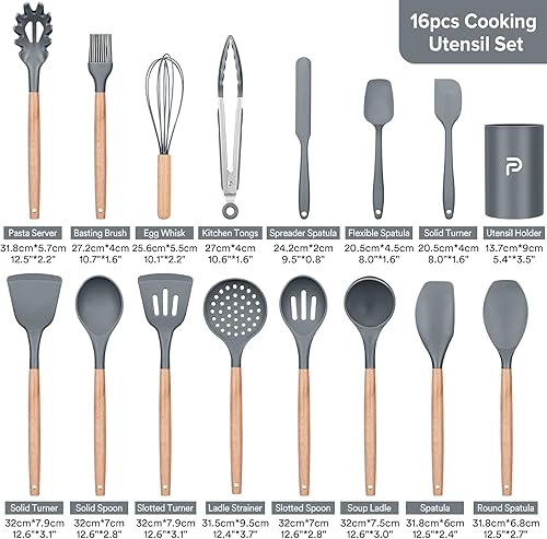Miniatura 2 de Juego de utensilios de cocina, 16 piezas de utensilios de cocina de silicona con soporte, mango de madera antiadherente, espátula de silicona,