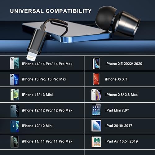 Miniatura 7 de Auriculares Lightning para iPhone 13, 14, 12 Pro Max, con certificación MFi con micrófono, aislamiento de ruido, auriculares estéreo de graves