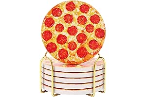 Humorous Pizza Coasters for Drinks and Tables, Decorative Ceramic Coasters with Holder