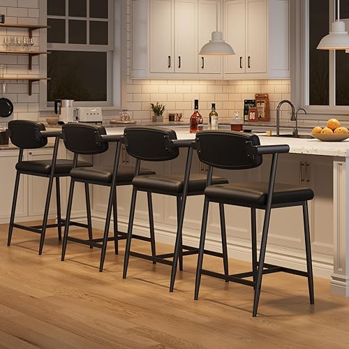 IDEALHOUSE Bar Stools Set of 4 with Armrests, Counter Height Bar Stools Set with Footrest & Soft Back, Metal Barstools Set with Wide Upholstered Seat for Kitchen Islands, Counter Bars, Rustic Black