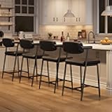 IDEALHOUSE Bar Stools Set of 4 with Armrests, Counter Height Bar Stools Set with Footrest & Soft Back, Metal Barstools Set with Wide Upholstered Seat for Kitchen Islands, Counter Bars, Rustic Black