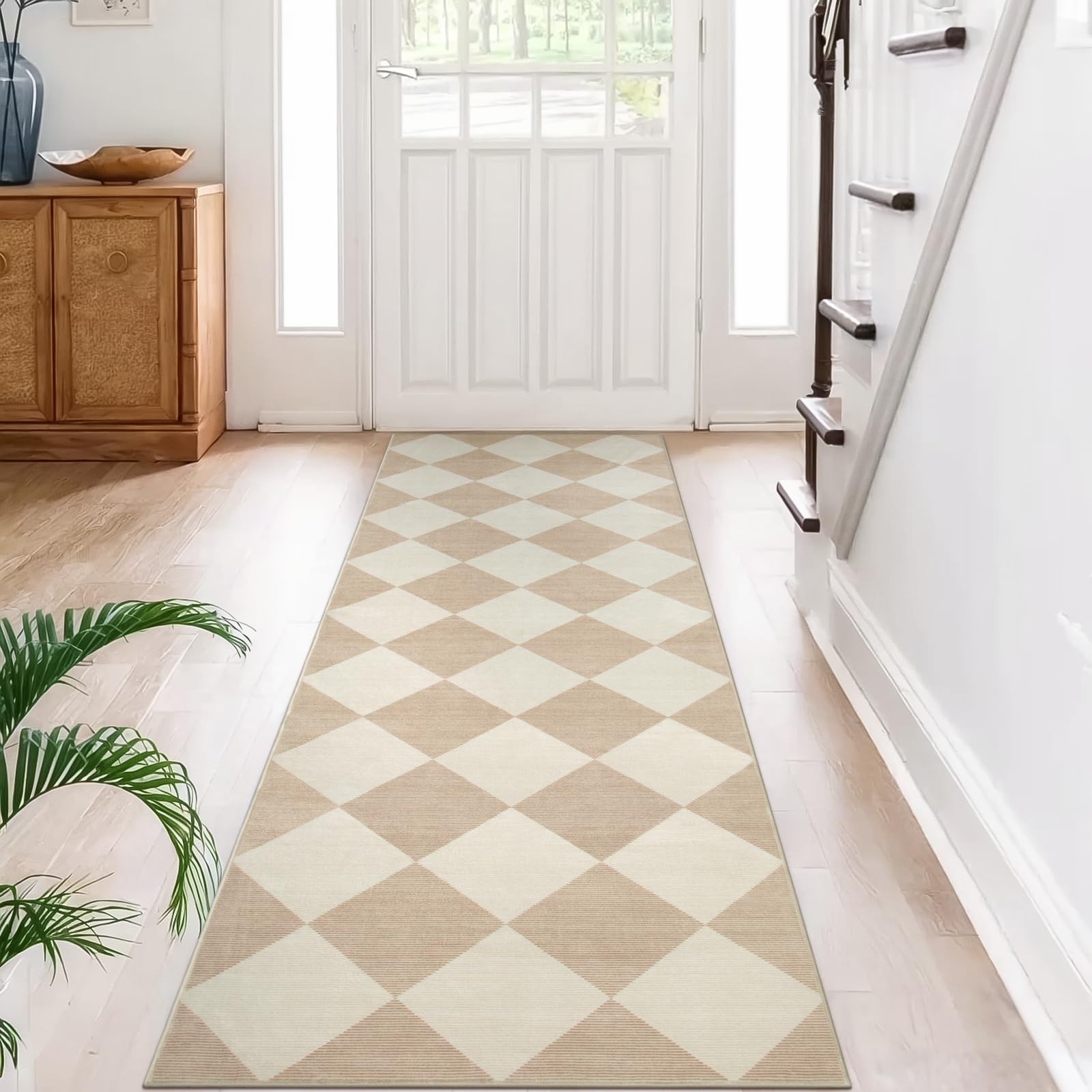 Beeiva Checkered Print Carpet Runners for Hallway 6ft, Beige Ultra Thin Washable Kitchen Runner Rug Non Slip, Moroccan Plaid Checkerboard Decor Faux Wool 2x6 Rug for Bedroom Bathroom Entryway