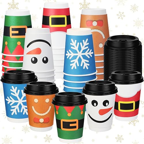 Miniatura 1 de Umigy Paquete de 100 vasos de papel de 12 onzas con tapas, vasos de papel desechables de Navidad, tazas de papel desechables para fiesta de cacao