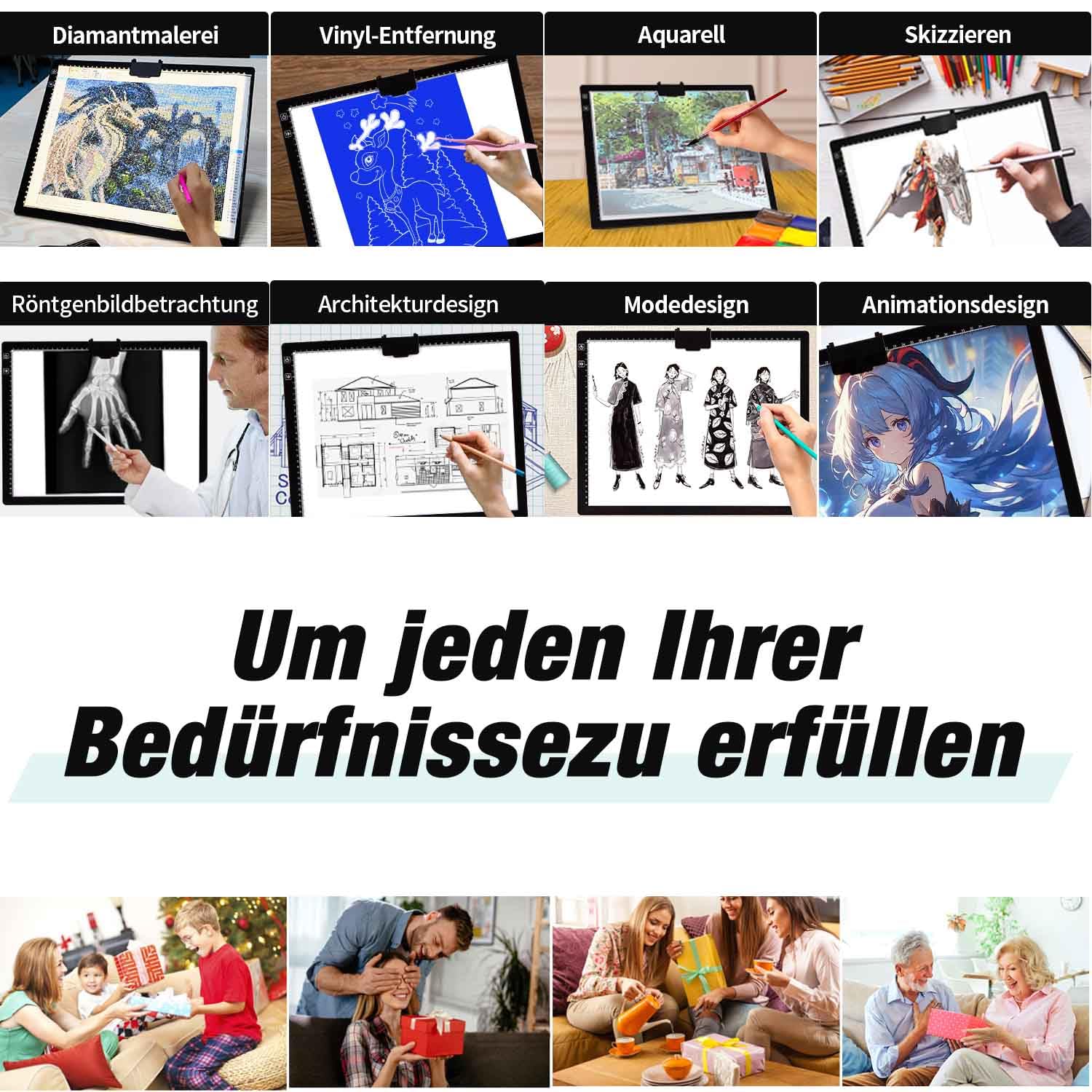 Zocelight A3 Leuchttisch mit Tasche für Diamantmalerei,Leuchtkasten mit Ständer und Clip,3 Farben, stufenlos dimmbar und 6 Helligkeitsstufen, Lichtplatte für Zeichnen, Skizzieren, Animation(Schwarz)