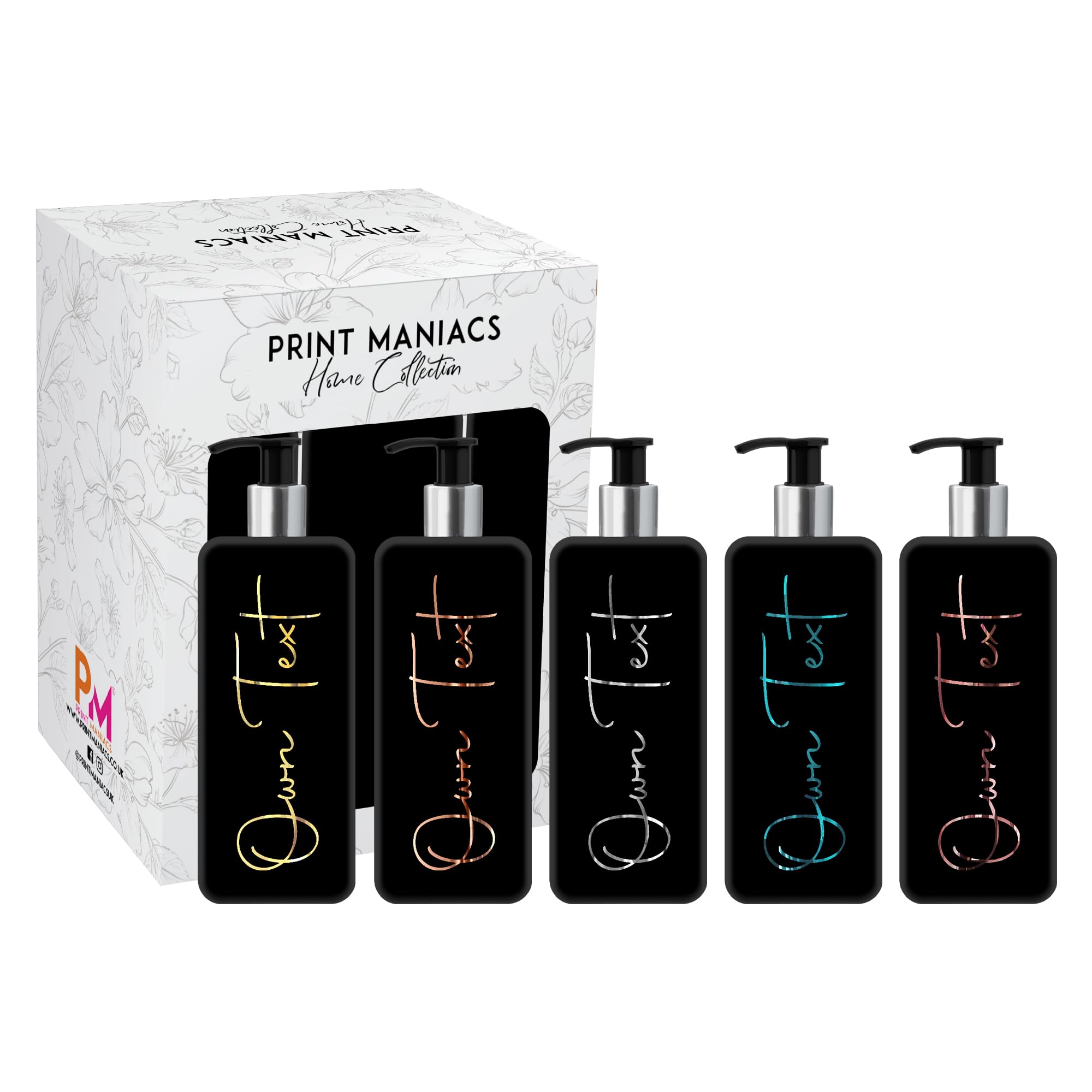 Print Maniacs Mrs Hinch Inspired Signature 500ml Reusable Square Dispenser Bottle Silver Pump Personalised Bathroom Storage Toiletries Set F2 Own Text (Black, 5 Bottles)