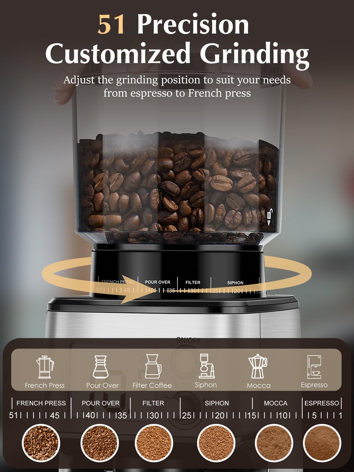 Homtone Moulin à Café Électrique à Meule Conique - Broyeur à café avec 51 Réglages de Mouture, Support Amovible, Récipient Inclus – Pour Espresso, Café Filtre, Infusion à Froid (Argent)