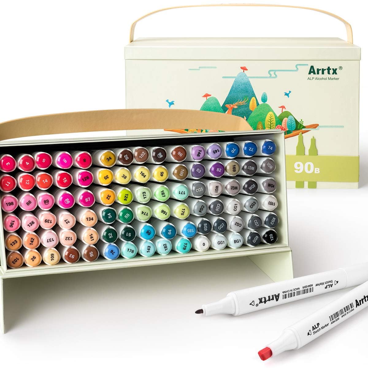 Arrtx Alp Alcohol Markers Set, 90 Colours Dual Tips Art Markers Permanent Sketch Graphic Marker Pens with Unique Carry Box Perfect for Comics, Drawing, Sketching, Painting Coloring Scribbling, etc.