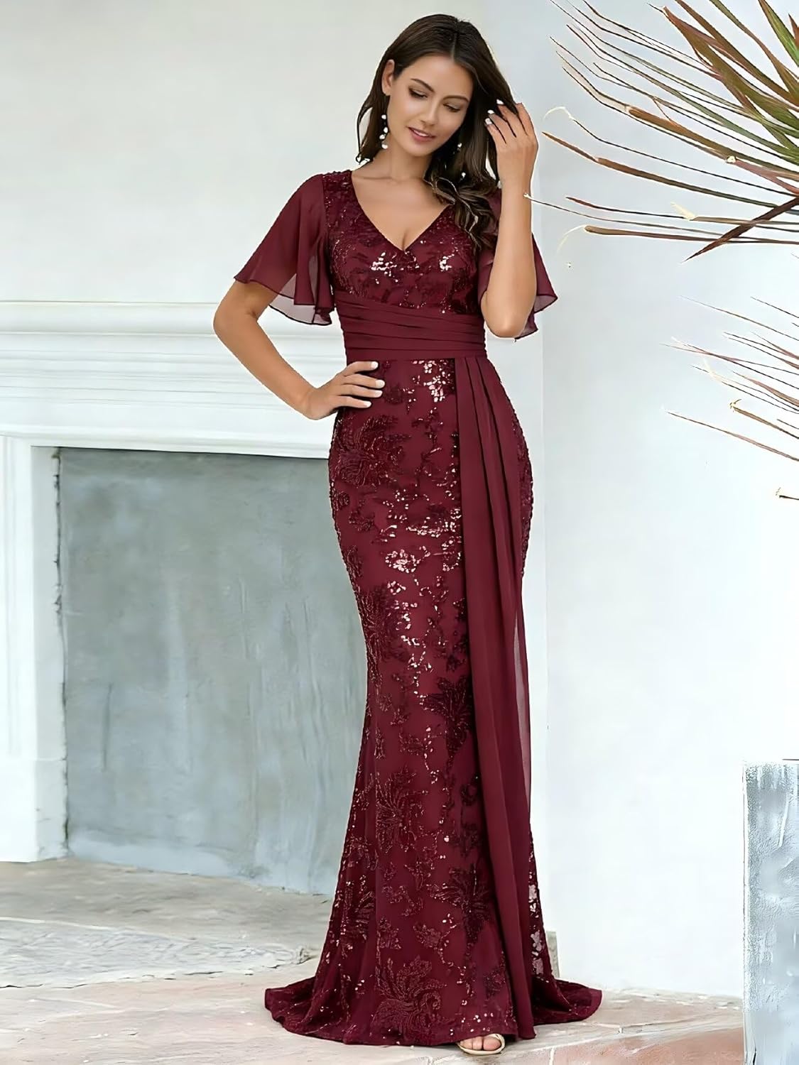 Women's Sequin Pleated Mother of The Bride Groom Dress with Train Flutter Sleeves Mermaid V Neck Long Formal Dresses