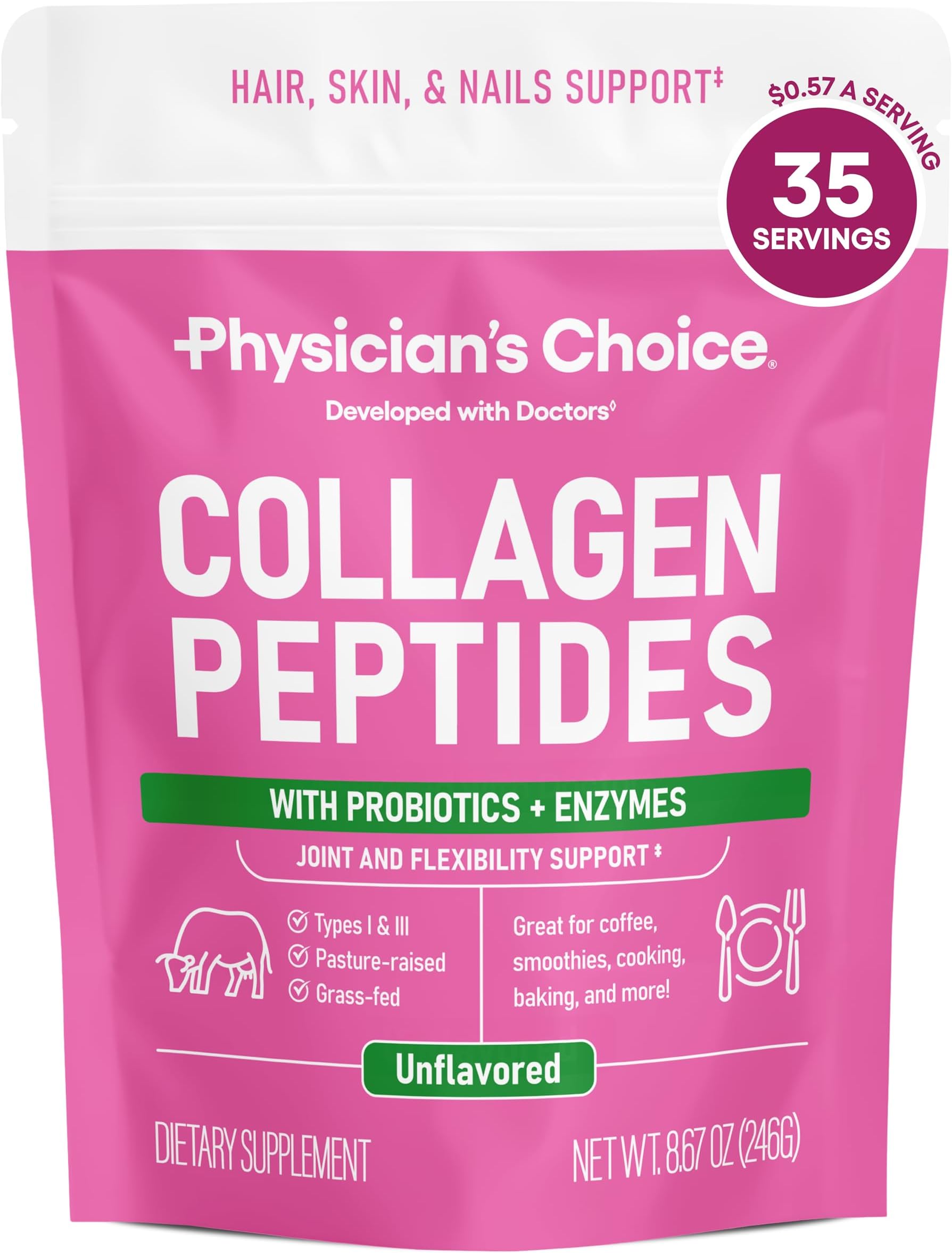 Collagen Peptides - Hydrolyzed Protein Powder for Hair, Skin, Joints - Grass Fed, Non-GMO