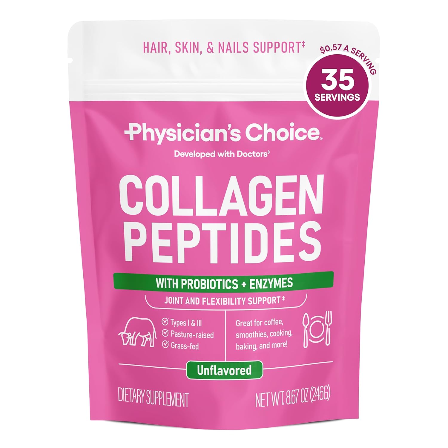 Physicians CHOICE Collagen Peptides - Hydrolyzed Protein Powder for Hair Skin Joints - Grass Fed Non-GMO