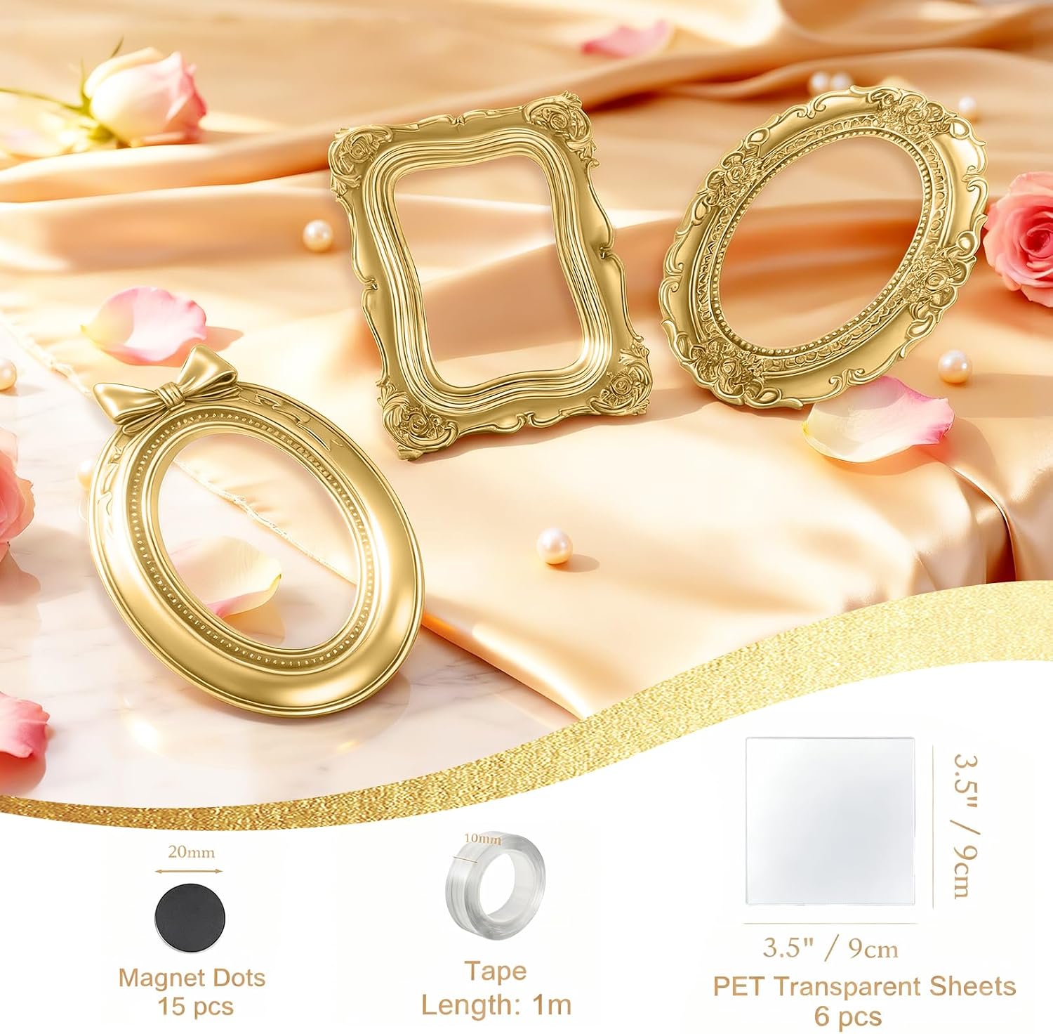 Small Picture Frames,Mini Gold Frames,Vintage Gold Frames,Table Top Decor, Magnetic Picture Frames for Refrigerator,Vintage Frame Set,Christmas Decor (5Pcs,Golden)