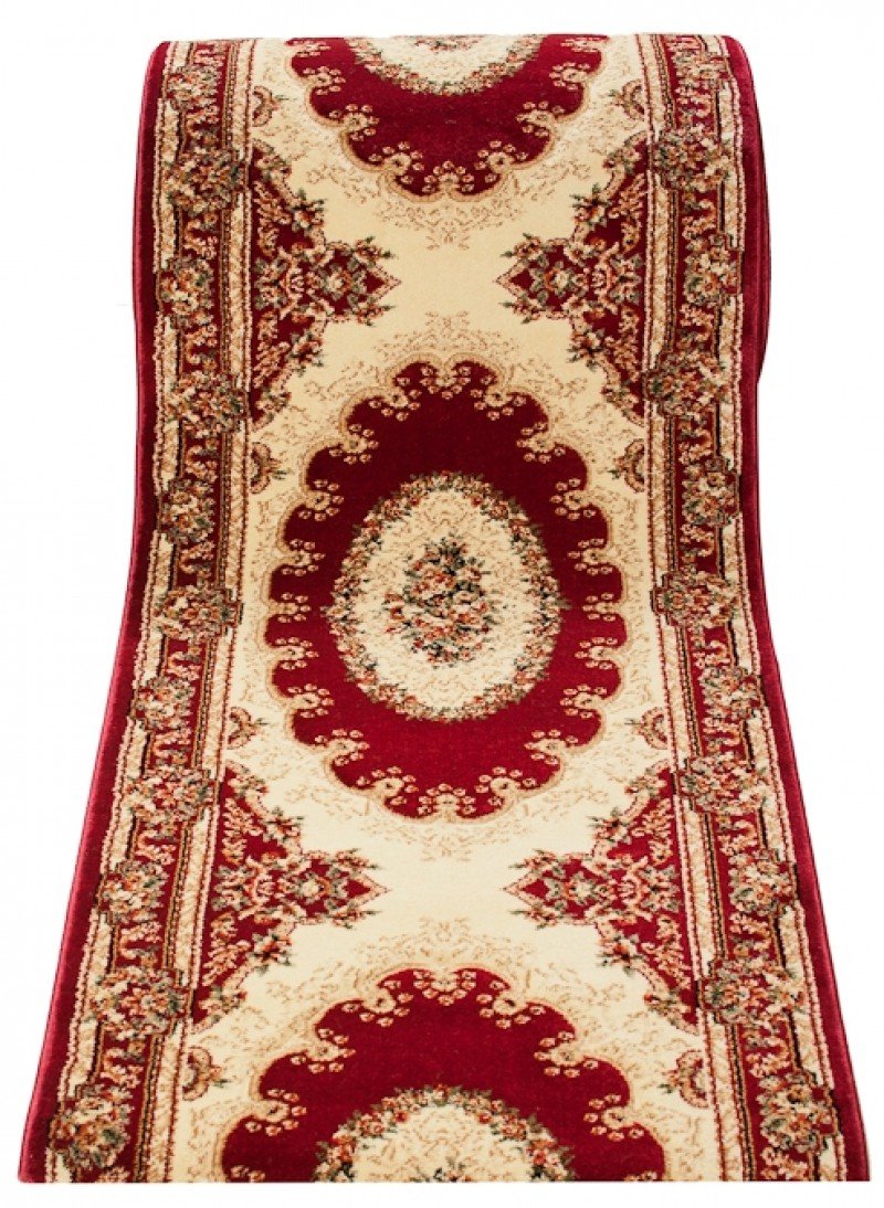 TAPISO Yesemek dywan bieżnik na korytarz, krótkie runo, klasyczny medalion kwiatowy, tradycyjny wzór ornamentowy, czerwony, kremowy, 140 x 460 cm