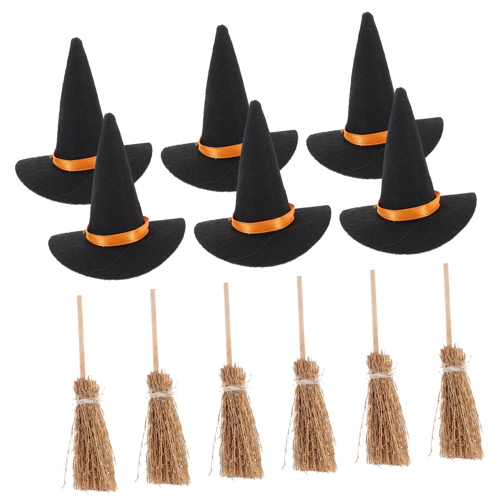 UPKOCH Set 12 Pezzi Mini Cappelli da Strega in Feltro Scope in Legno Decorazioni Fai da Te per Halloween Accessori Piccoli per Feste Cosplay e Decorazioni Torta