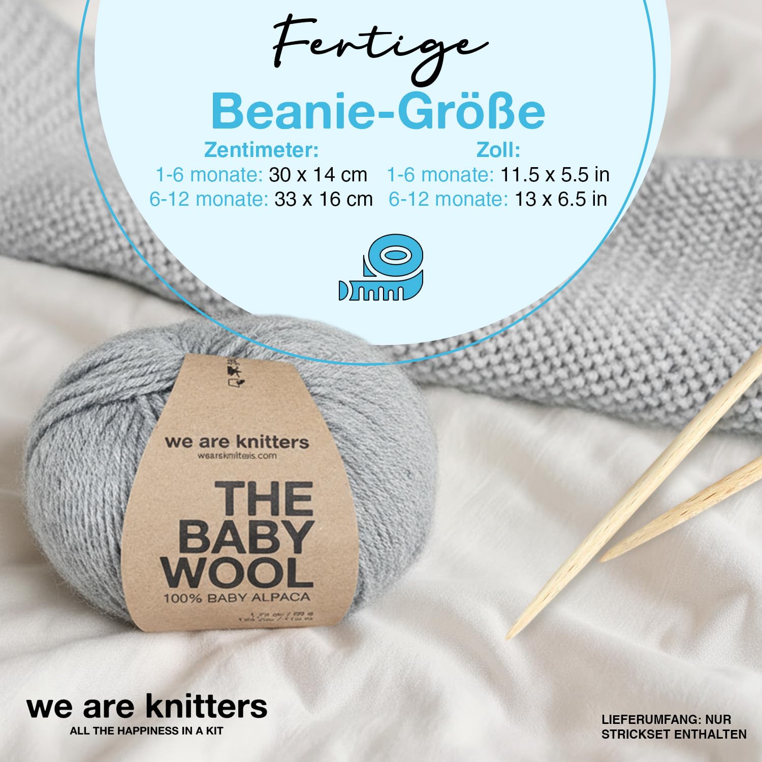 We Are Knitters Titi Hood Kit – Strickset für Anfänger mit 100% Baby-Alpaka-Wolle – Komplettes Strickset mit Wolle und Anleitung – Baby Kapuze (1–6 Monate / 6–12 Monate) – Handarbeit Geschenk