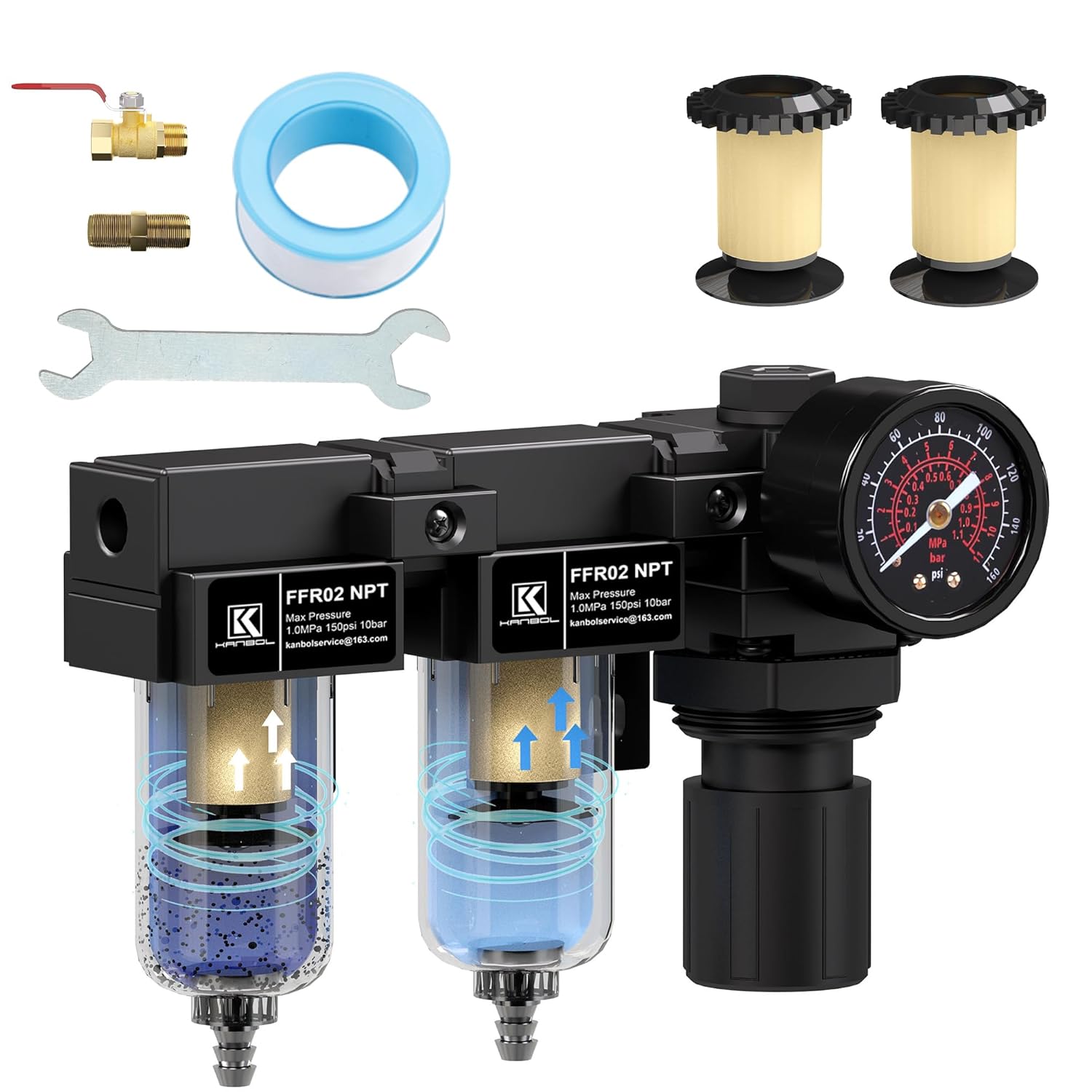 1/4" NPT Double Stage Air Compressor Filter Regulator, Dual 5μm Brass Filters, Air Water Separator with Pressure Gauge & Semi-Auto Drain for Pneumatic Tools