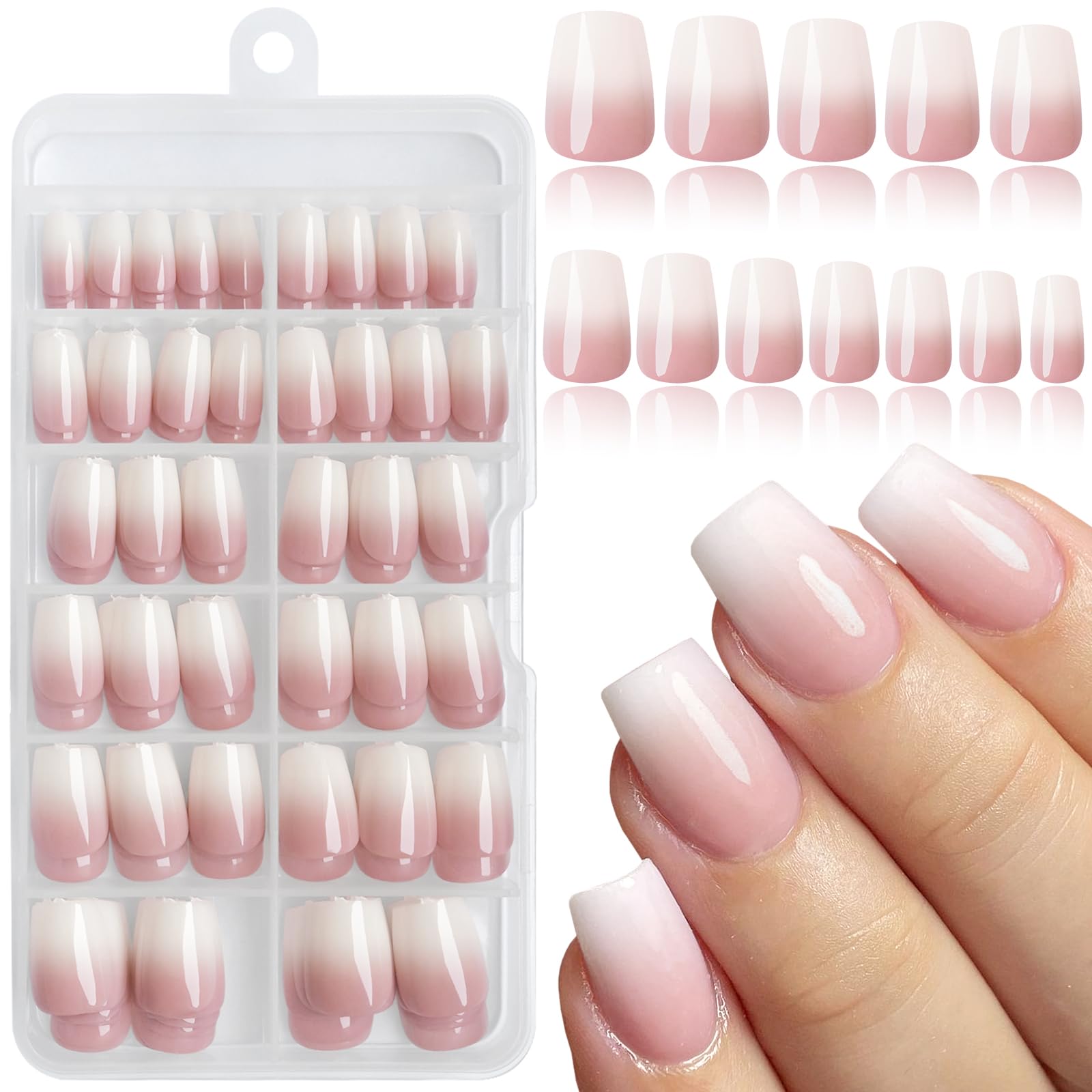 Bellelfin Ombre Press on Nails Short Coffin Nails Press ons for Women, 240pcs Pink Gradient Coffin Press On Nail with Jelly Tab and Glue, 12 Sizes