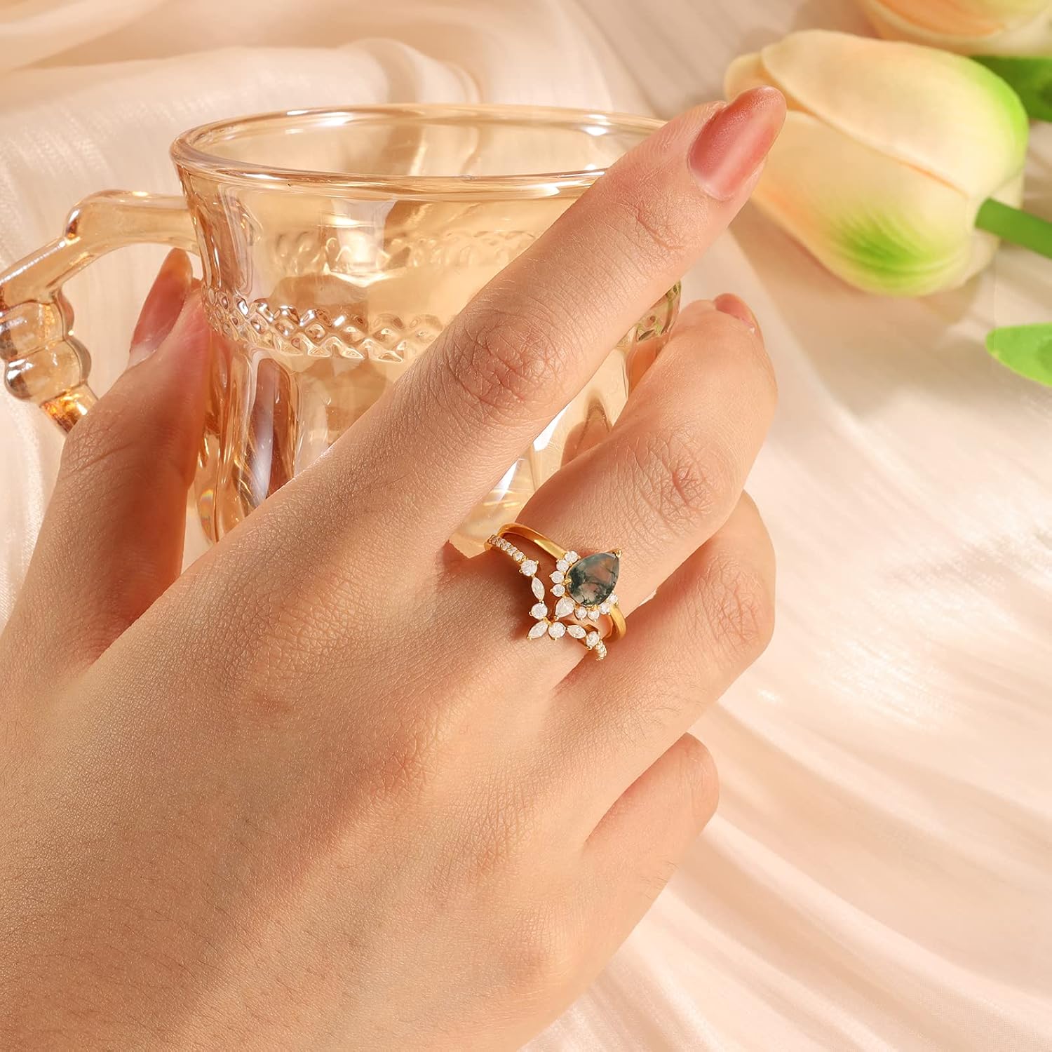 Nameinhea Moss Agate Ring,925 Sterling Silver Moss Agate Engagement Ring for Women Gemstone Ring Set for Wedding Promise Rings for Her,Size 4-11 Available