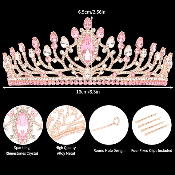Pink Crown for Women Crystal Tiara for Girls Quinceanera Queen Corona Hair Accessories for Wedding Birthday Headband Tiara for Bride