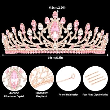 Pink Crown for Women Crystal Tiara for Girls Quinceanera Queen Corona Hair Accessories for Wedding Birthday Headband Tiara for Bride