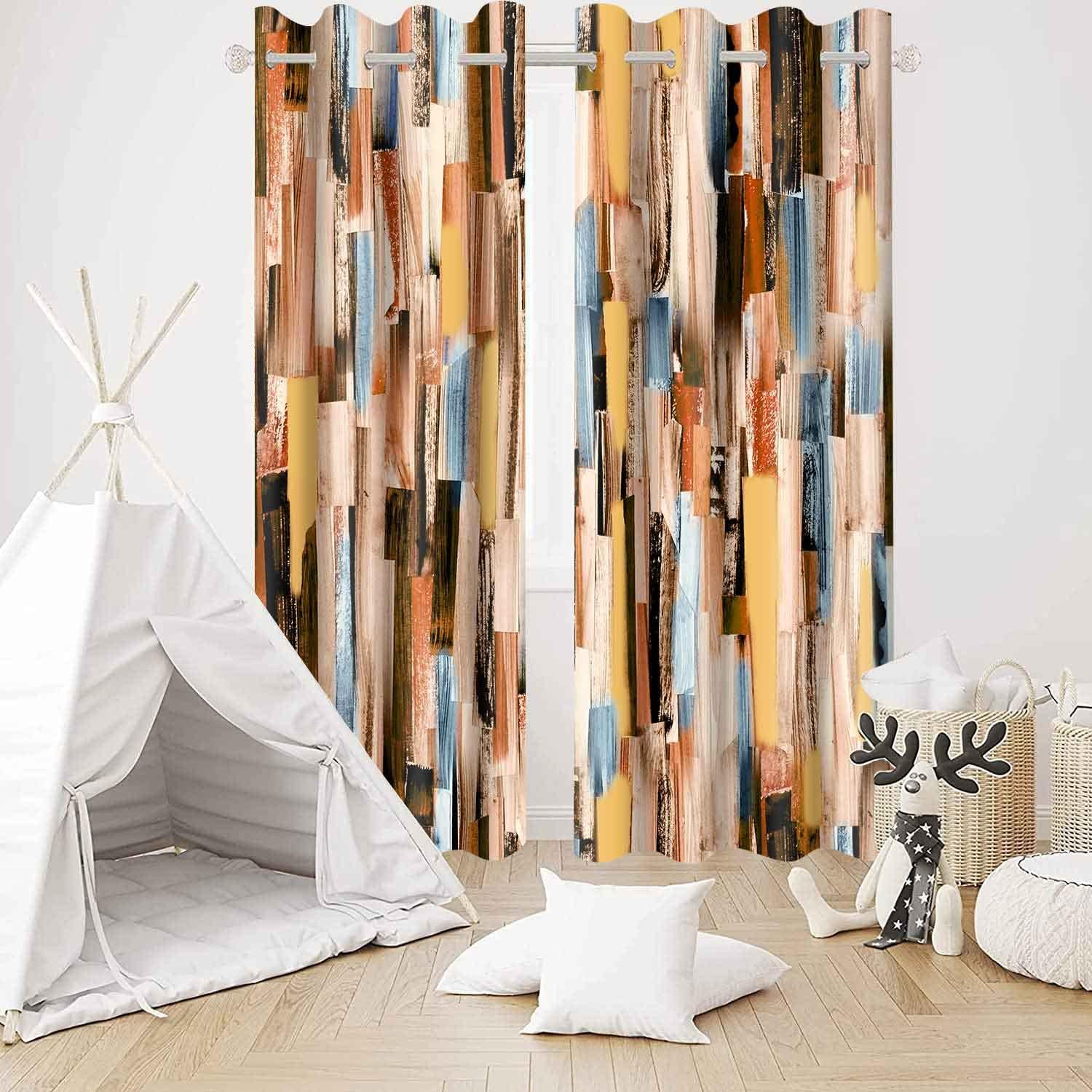 Striped Pattern Blackout Curtains Geometric Lines Mosaic Printed Window Drapes Modern Art Design Room Darkening Window Treatments for Bedroom Living Room Kitchen Brown Blue 42x84inch CLZYMS242