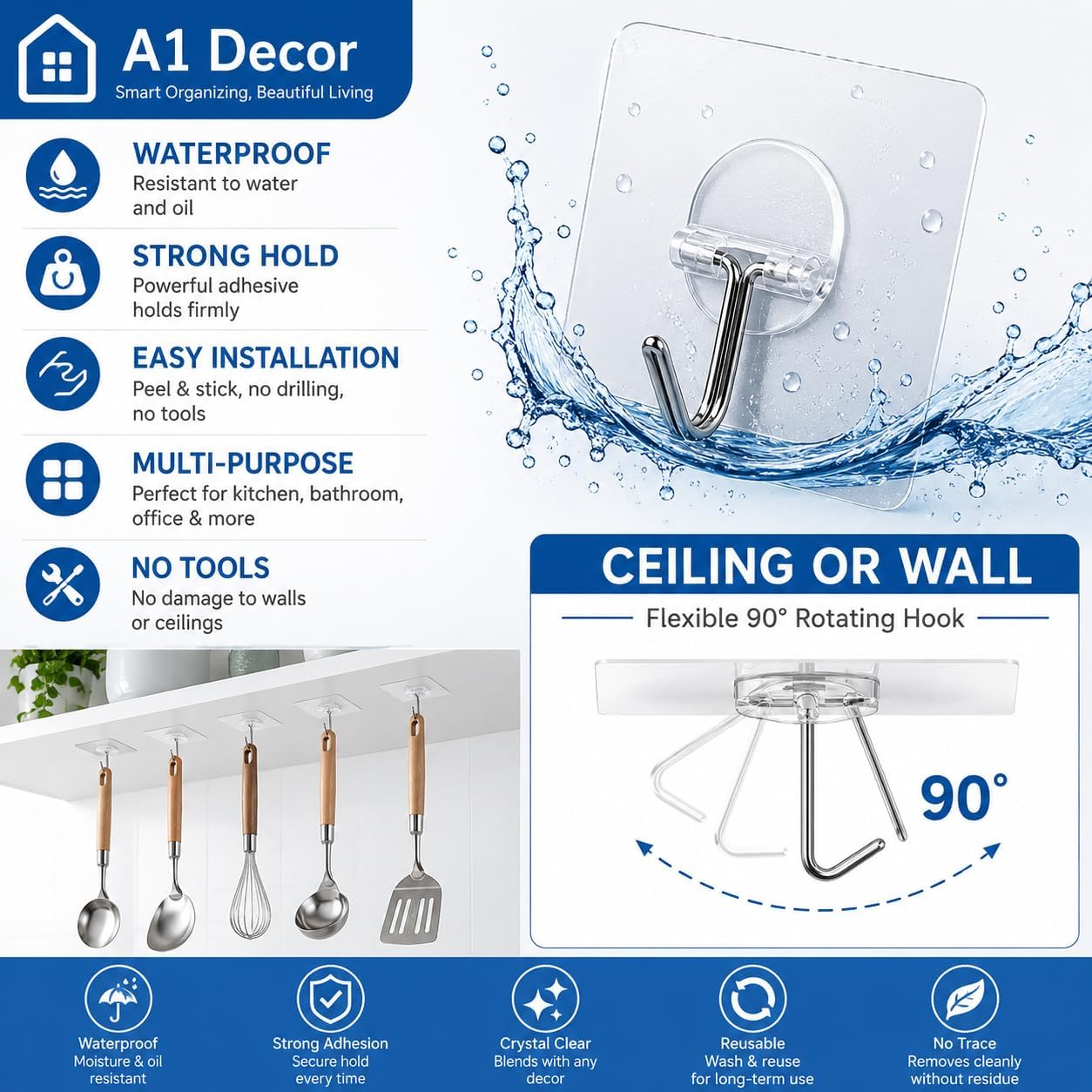Self Adhesive Wall Hooks (30 Pack) | Heavy Duty Transparent Sticky Hooks | Waterproof No-Drill Adhesive Hooks for Bathroom, Kitchen, Door, Towels & Keys