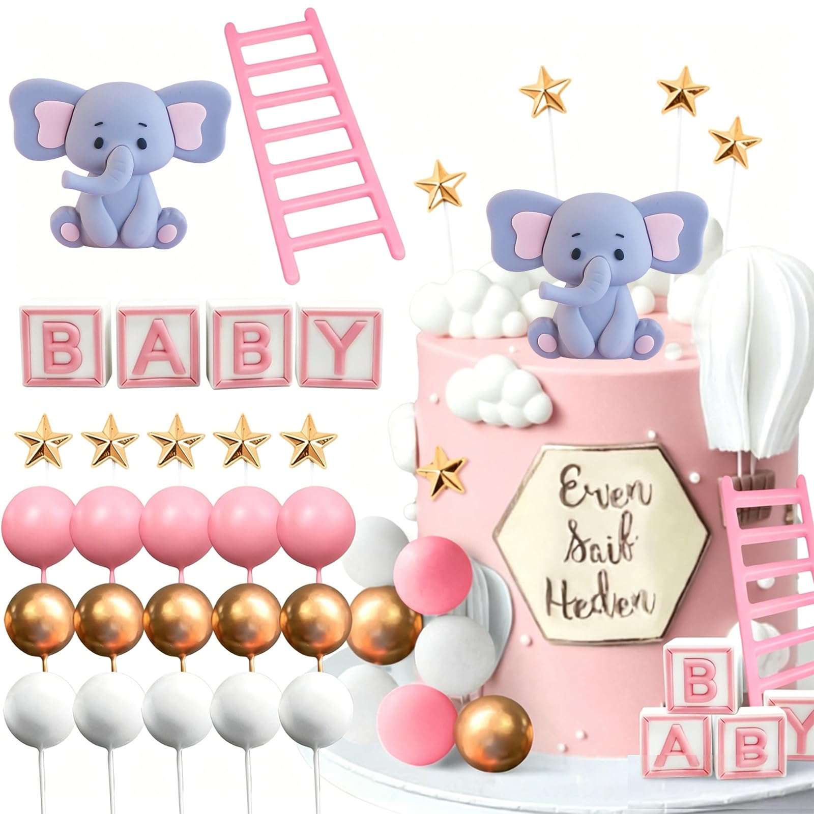 Elephant Cake Decoration, Elephant Cake Toppers, Mini 3D Elephant Baby Letters Milk Bottle Pink Gold Foam Balls Cake Toppers For Boy Girl Birthday Party Baby Shower Cake Decorations 23 Pcs