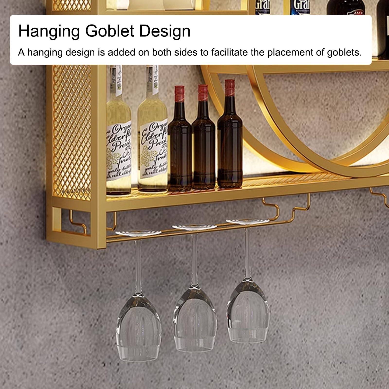 Botellero de metal montado en la pared con luz LED, elegante estante para licor para botellas de vino y copas, perfecto para decoración del hogar, bar y comedor