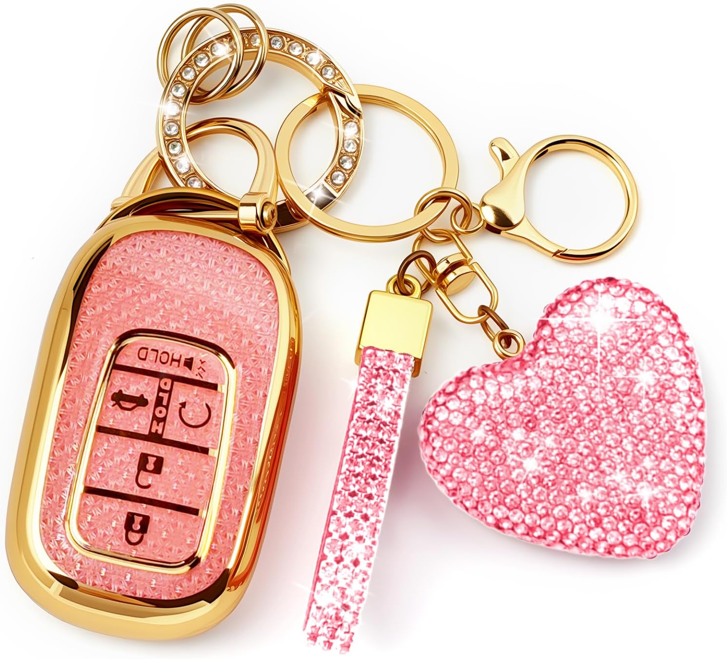 Key Fob Cover with Diamond Bling Keychain for Women, Car Key Holder Compatible with Honda 2022 2023 2024 2025, TPU Key Case and Elegant Heart Key Chain (Pink, 1PCS)