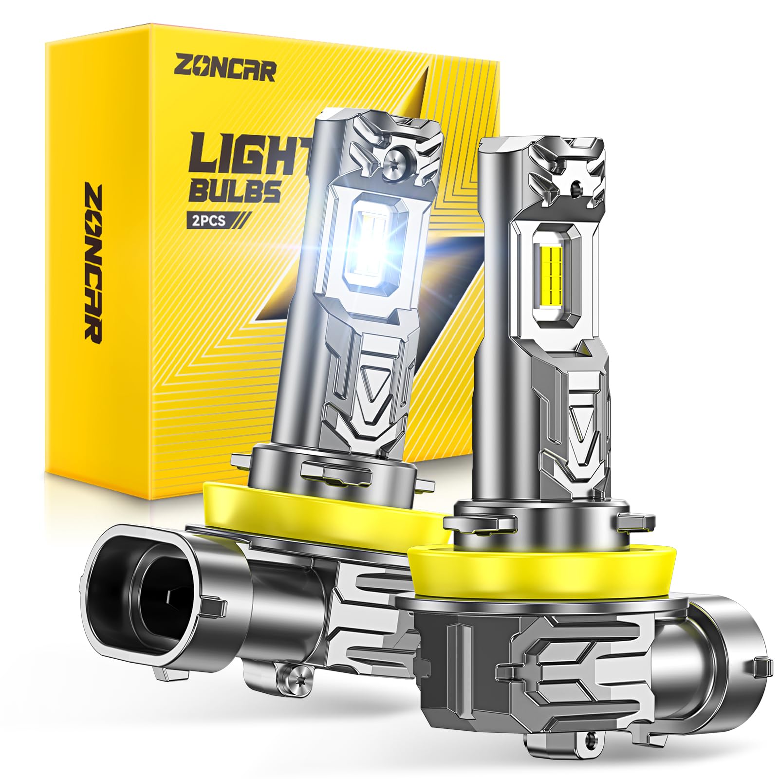 ZonCar H11 Light Bulbs, 8X Ultra Brightness H8 H9 H16 Lights, 6500K Cool White Bulbs, Real 1:1 Mini Size Plug and Play, IP68 Waterproof, Pack of 2