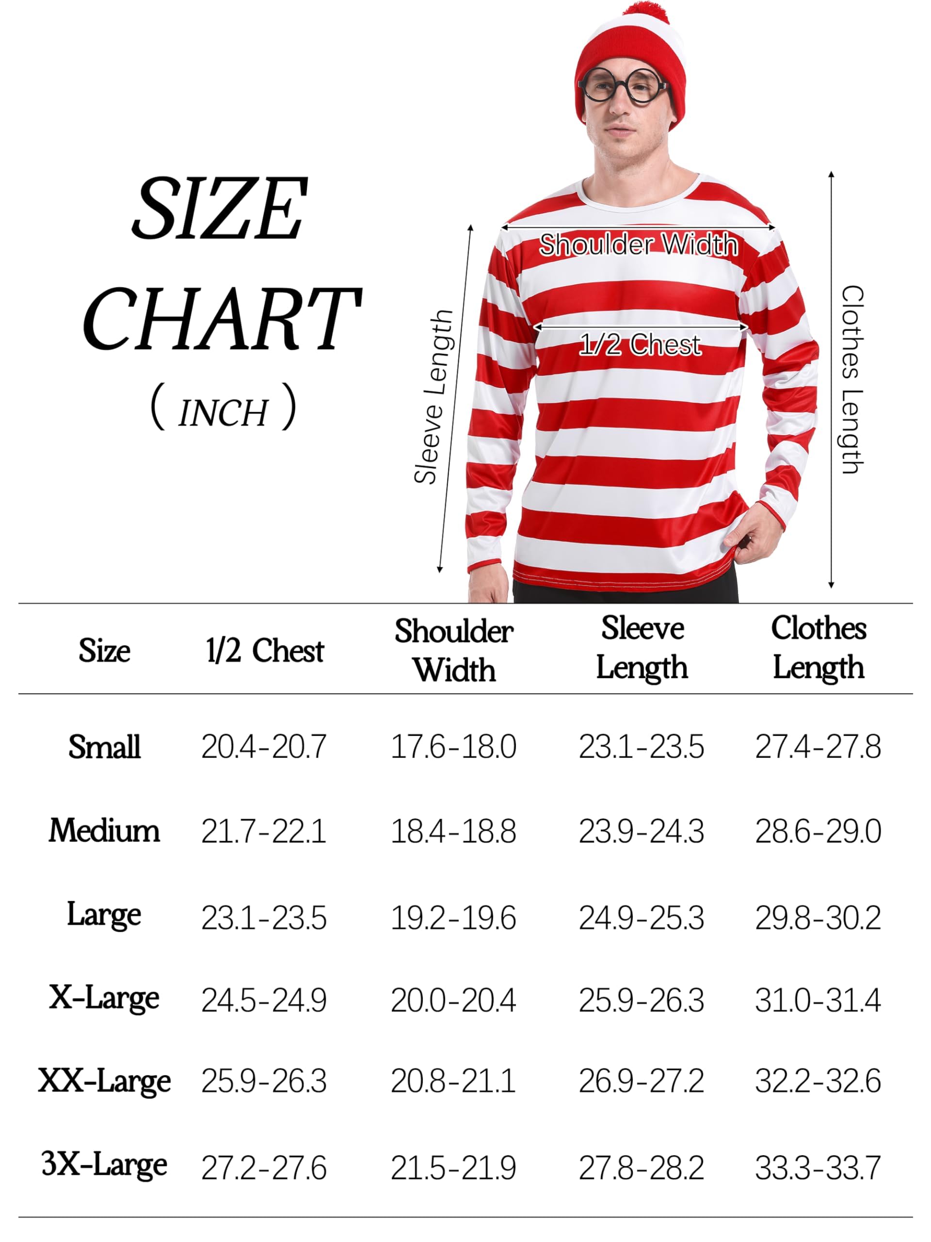 Kavoc Red and White Stripe Shirt Costume Set for Adult Include Striped Shirt Hat Beanie Black Plastic Glasses and Cane for Christmas World Book Week Masquerade Cosplay Outfit (L) - Image 2
