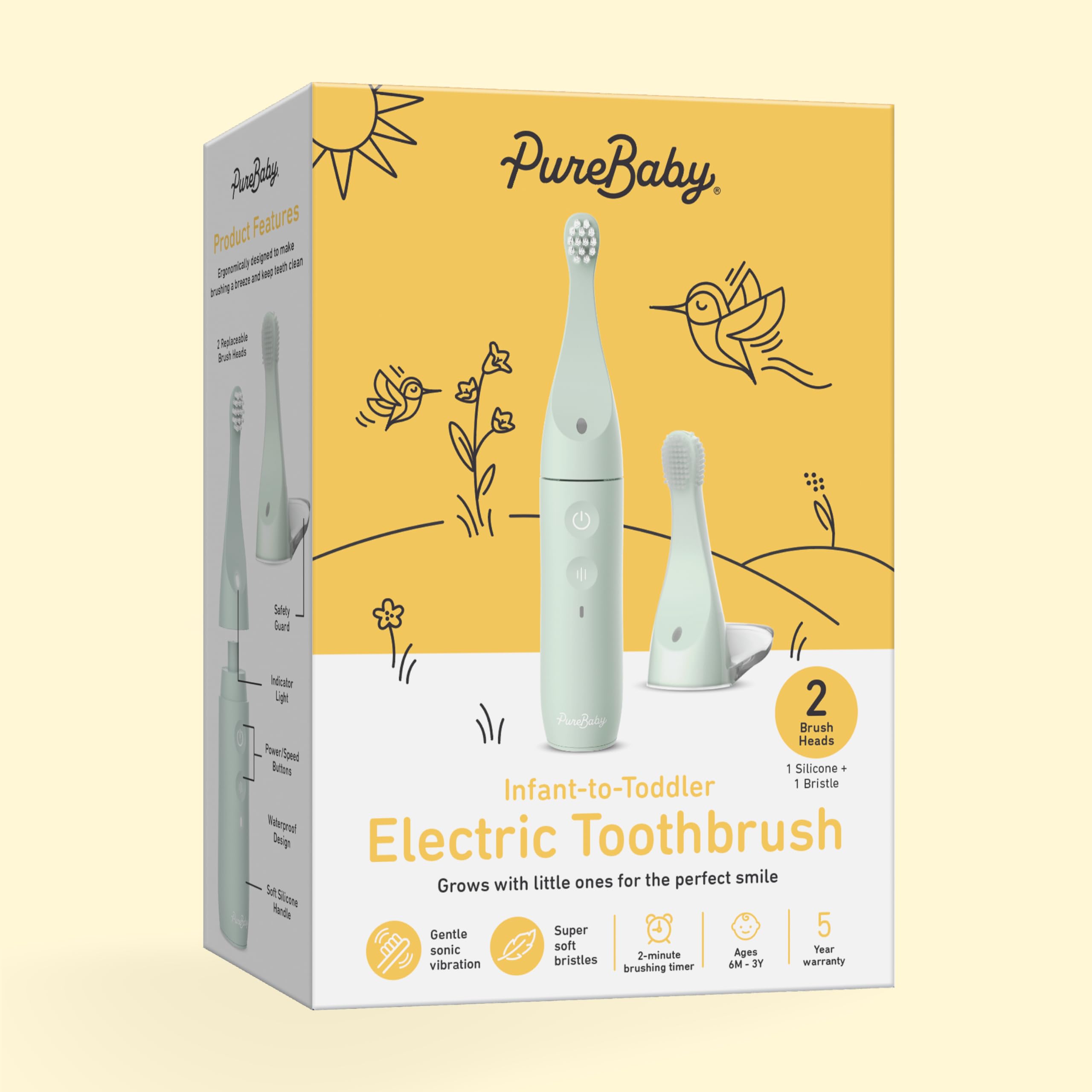 Pure Enrichment PureBaby - Spazzolino elettrico per neonati e bambini, impermeabile, con setole in silicone e setole in silicone, vibrazione sonora e timer, età 6-3 anni, colore: verde salvia