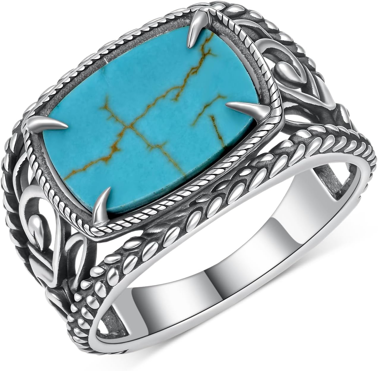 Genuine Turquoise Rings for Men 925 Sterling Silver Vintage Mens Ring Nature Gemstone Rings Real Turquoise Jewelry for Men
