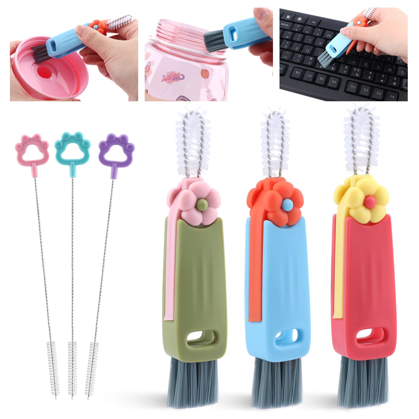 6pack Cleaner Brush Set, 3 in 1 Cup Lid Cleaning Brush and 7.6inch Straw Brush Crevice Cleaning Brush for Water Bottle Gap Lid(2style/6pcs)