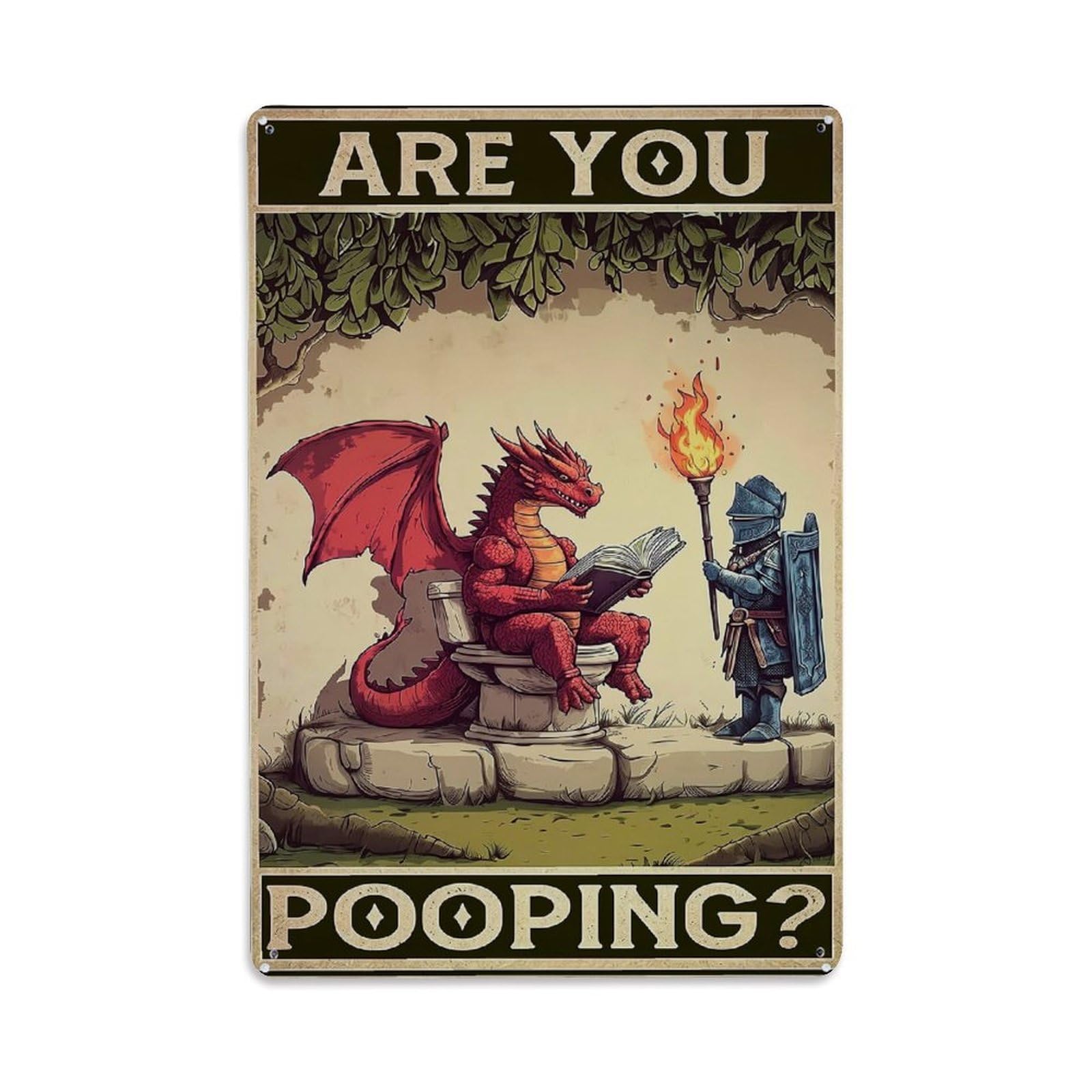 Jdfenggu Vintage Dragon Reading On Toilet With Knight Retro Metal Tin Sign, Decor Art Poster For Bar, Home, Man Cave, Kitchen, Laundry Room Gift 8X12inch