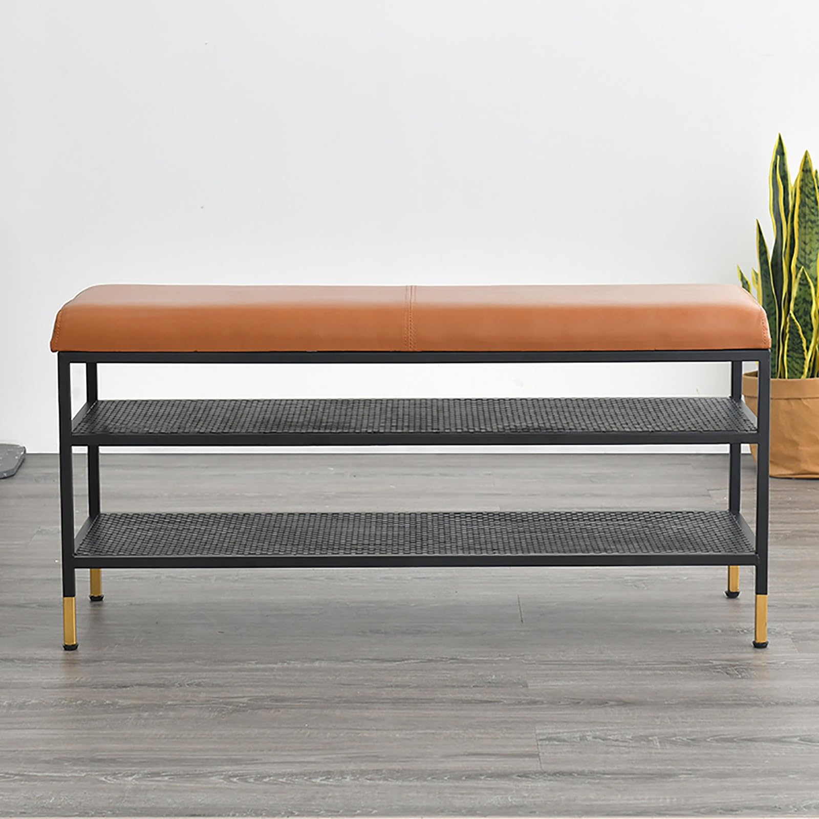 Étagère à chaussures à 2 niveaux en métal marron et petit banc de rangement