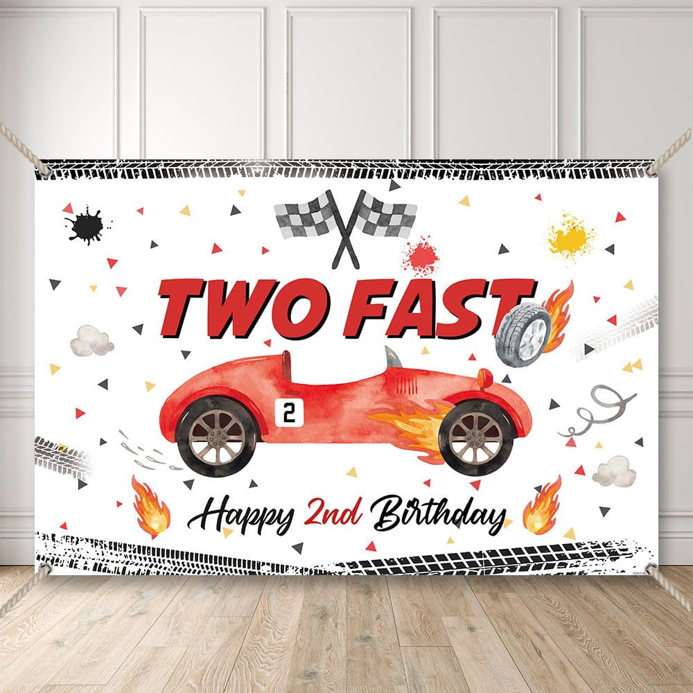 Crefelimas Two Fast Birthday Backdrop Red Race Car 2nd Birthday Party Background Racing Party Photography 2nd Cake Table Props Baby Boys Kids Favors Copper Grommets Banner