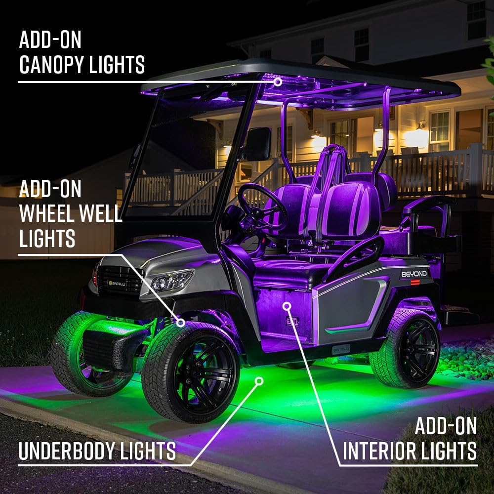 LEDGlow 12pc Bluetooth Million Color LED 4-Seater Golf Cart Underglow Accent Neon Lighting Kit with Canopy, Wheel Well & Interior Lights - Smartphone App - Fits 12-Volt Standard Wheelbase Models