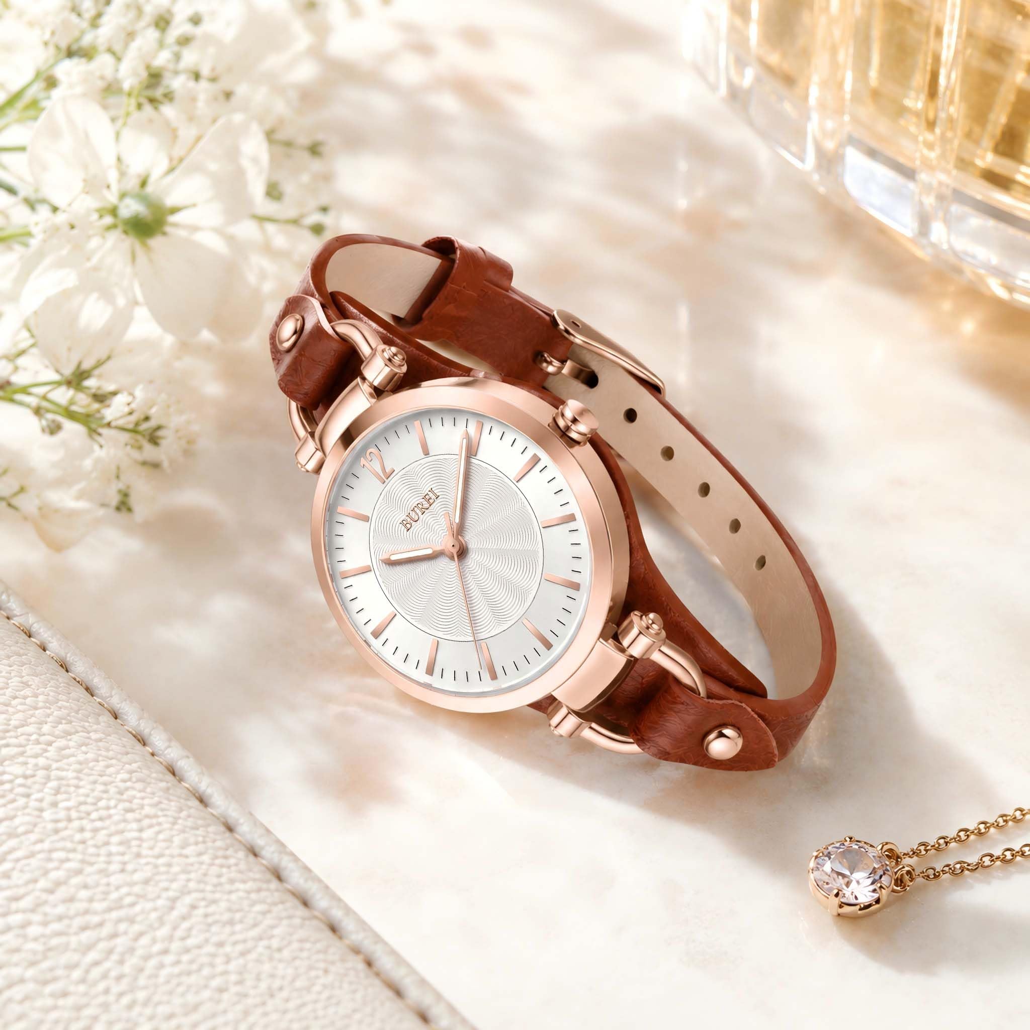 BUREI Orologio da donna semplice con cinturino in pelle, analogico, al quarzo, piccolo, sottile, orologio da polso con cinturino, regalo per donne (oro rosa marrone)