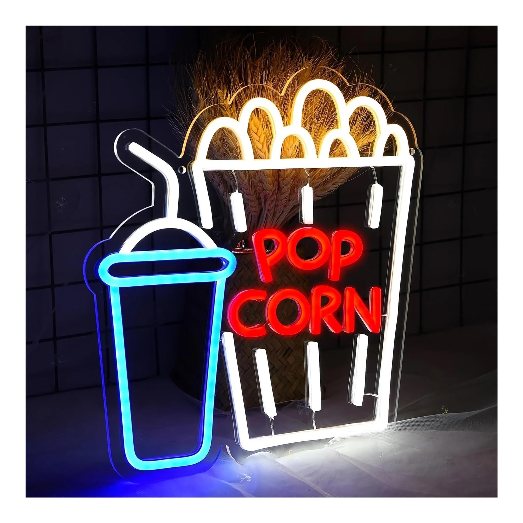 SHOUXI Sign Lamp Vibrant Popcorn Neon Sign USB Powered Dimmable Colorful Cinema Wall Decoration for Movie Room, Bar, Party 33.5cmх31cm