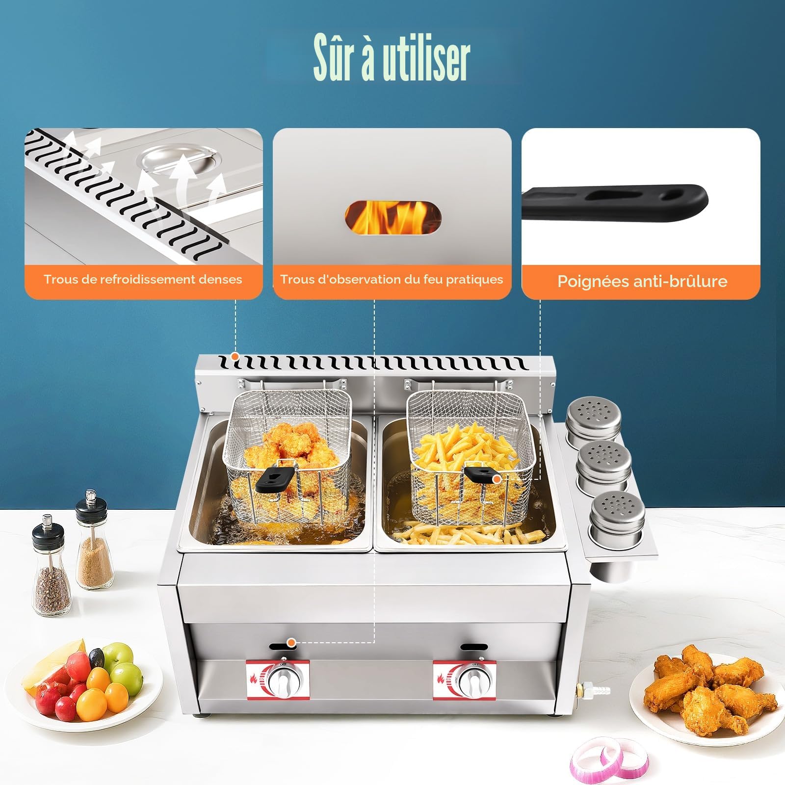 Double friteuse professionnelle à gaz, 2 x 6 l, pour gastronomie, friteuse avec graisse et huile, friteuse profonde pour frites et poulet, friteuse avec robinet de vidange, idéale comme machine à