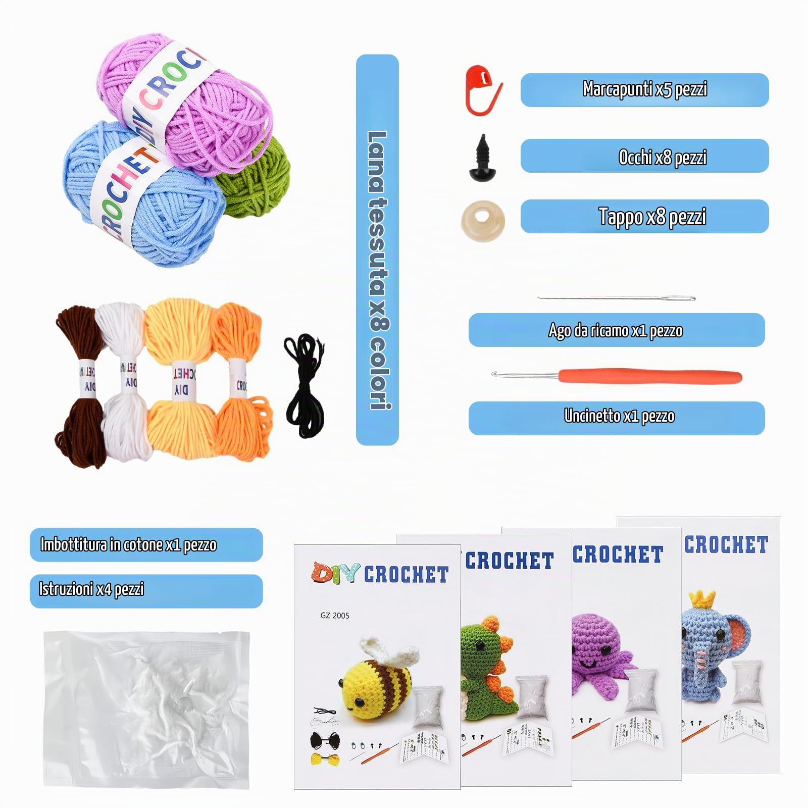 Rapidbok 4 Pezzi Set fai da te all'uncinetto,Set di lavori a maglia creativi,Kit per Animali All'uncinetto,con 4 diversi modelli di uncinetto(Elefante/Dinosauro/Ape/Polpo),per Adulti e Principianti