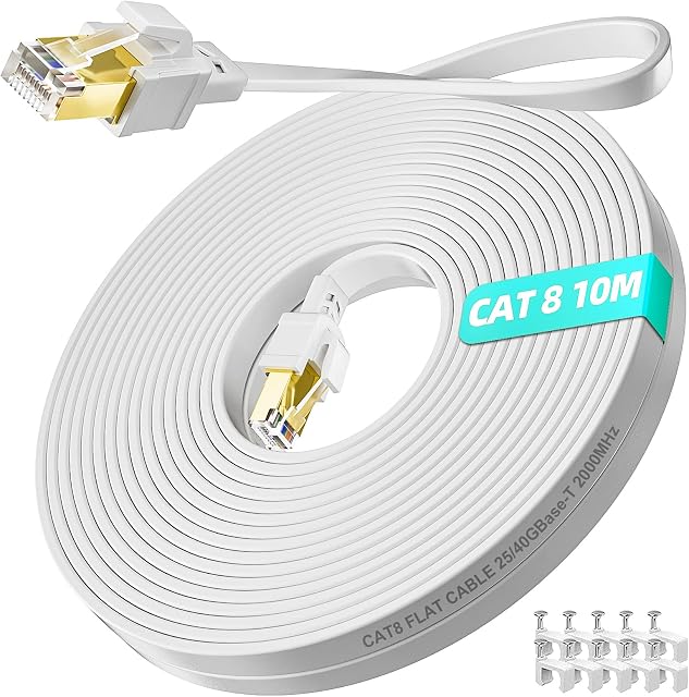 Cat 8 Ethernet Cable 10m High Speed, CAT 8 Internet Cable 10M Flat Network Cable Gigabit 40Gbps 2000MHz, RJ45 FTP Shielded LAN Patch Cord for Router PS4/PS5 Modem Switch Xbox, White (10 Clips)