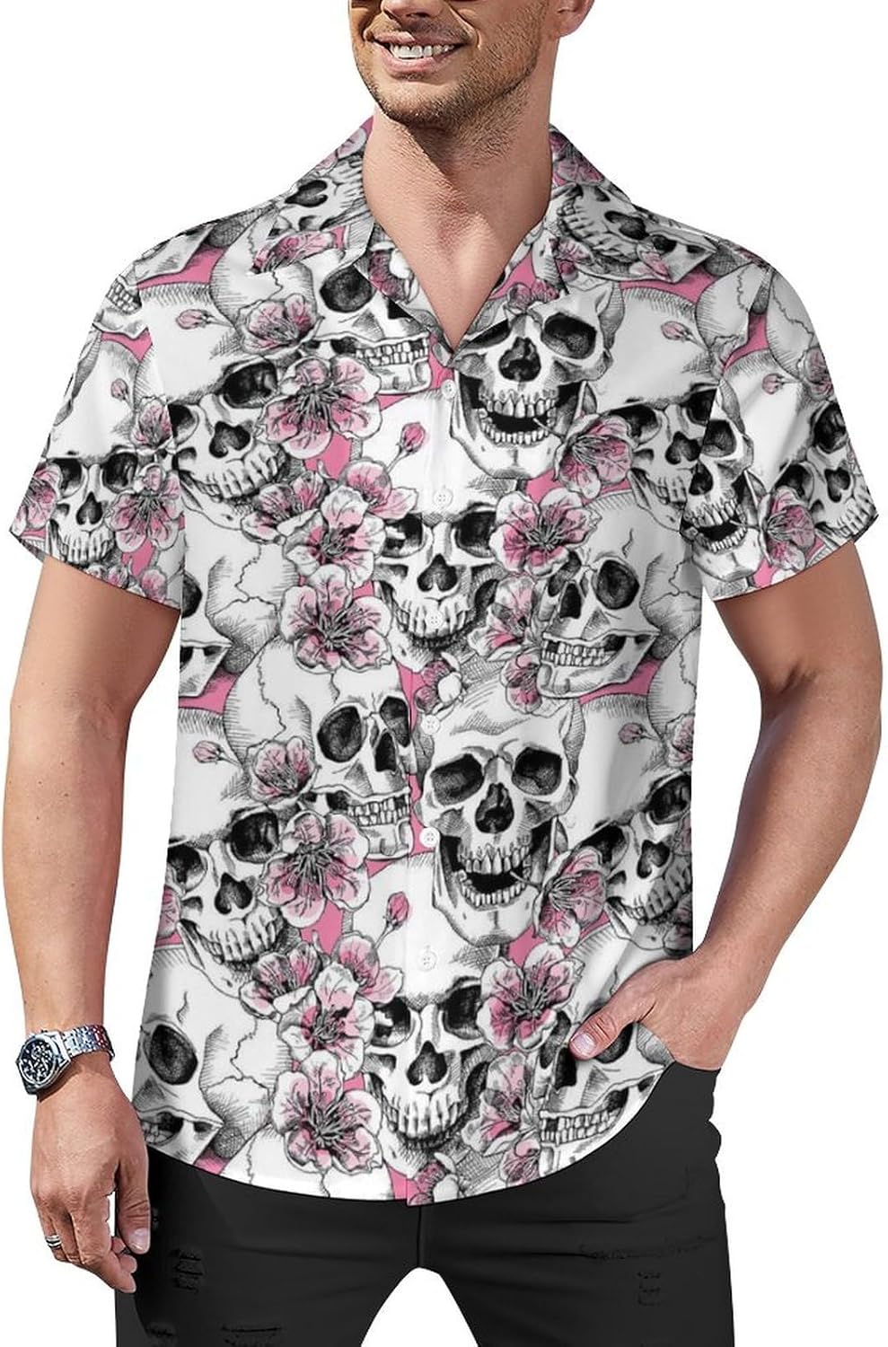 Hawaiian Shirt for Men Tropical Animal Flowers Button Down Shirts Tropical Casual Shirt Short Sleeve Summer Shirt XX-Large, Skull Head - Image 3